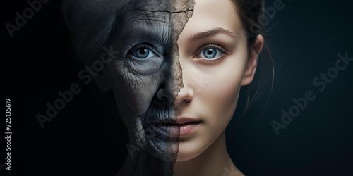 aging concept.  illustration of a comparison of young and old in one person photo