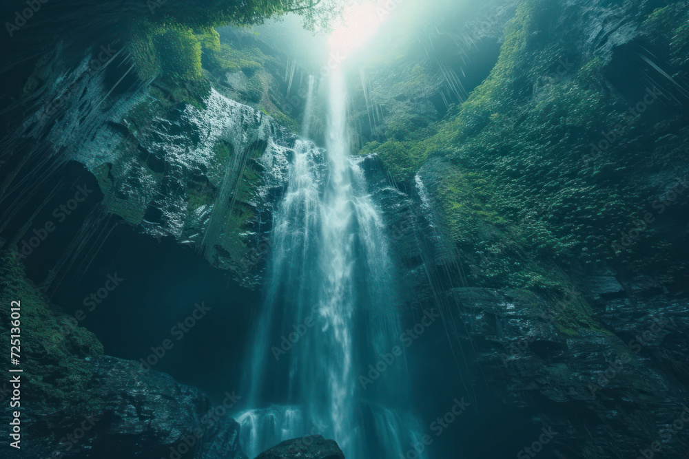 Gravity-defying waterfall, landscape capturing a waterfall flowing upward against the laws of gravity.