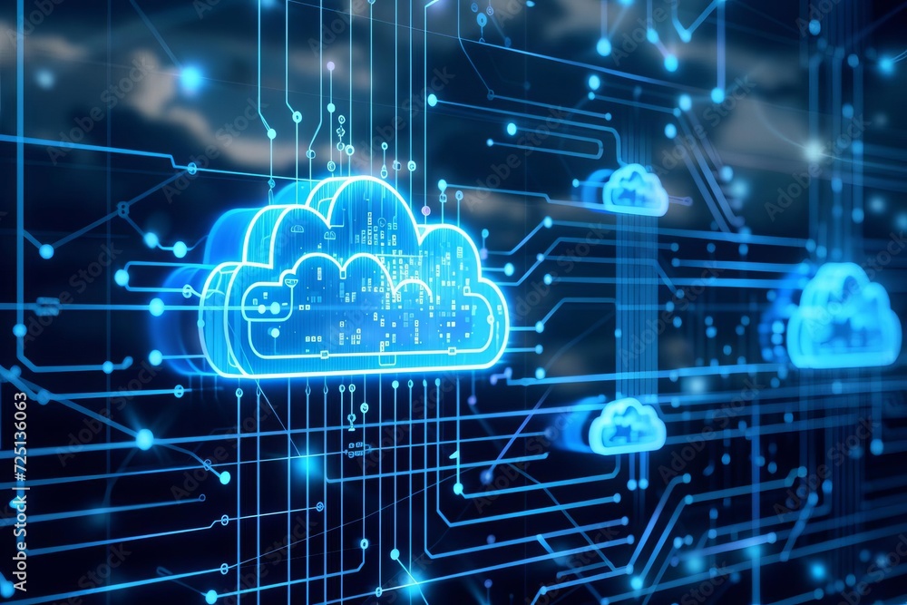 A cloud computing concept with interconnected devices and data centers A cloud computing concept with interconnected devices and data centers