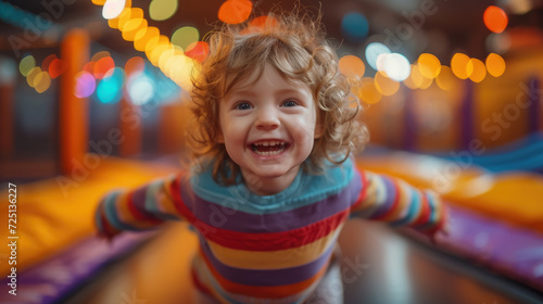 cheerful happy child jumping on a trampoline in a children's play center, kid, toddler, boy, girl, childhood, sport, active recreation, hobby, portrait, smile, emotional face, person, high, playground