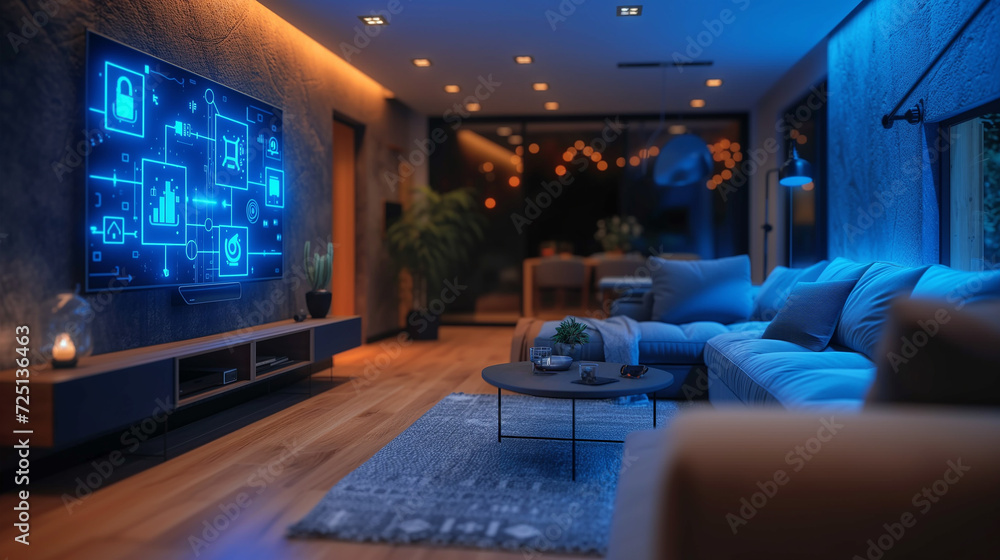 Entertainment Hub: stylish home theater with glowing smart home system icons