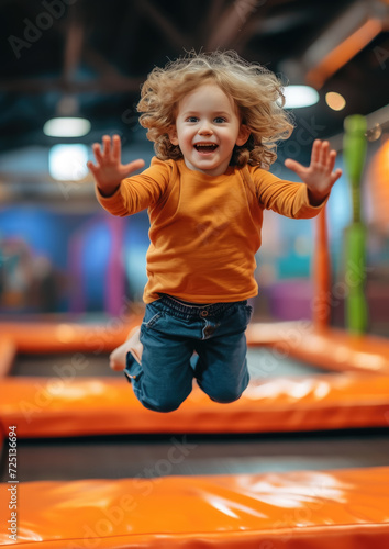 cheerful happy child jumping on a trampoline in a children's play center, kid, toddler, boy, girl, childhood, sport, active recreation, hobby, portrait, smile, emotional face, person, high, playground