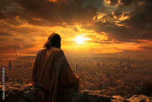 Jesus at the dawn of a new day in a bustling city Symbolizing renewal and eternal hope