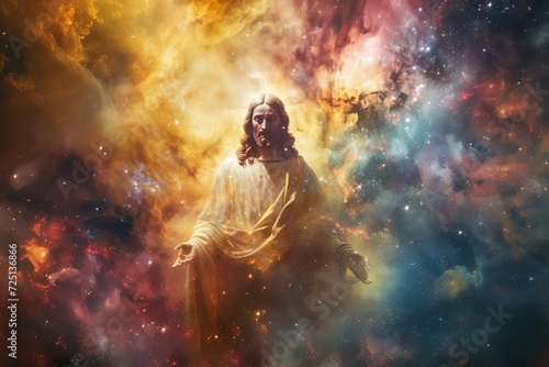 Jesus in a cosmic setting Surrounded by stars and nebulae Symbolizing the vastness of creation