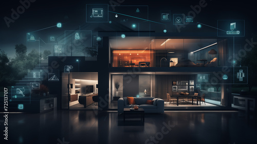 Smart House Interior: room designed for modern living, complete with digital control icons