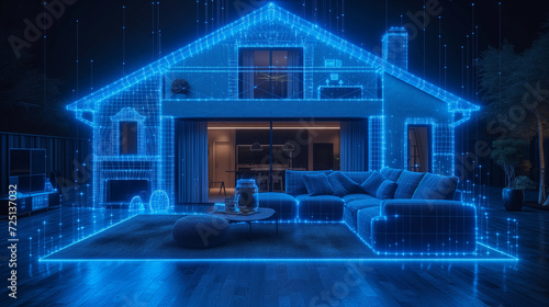 Glowing Oasis: modern glass home showcasing its digital smart home features against dark sky © Emiliia