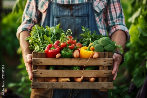 A box with a harvest in the hands of a farmer. Background with selective focus and copy space