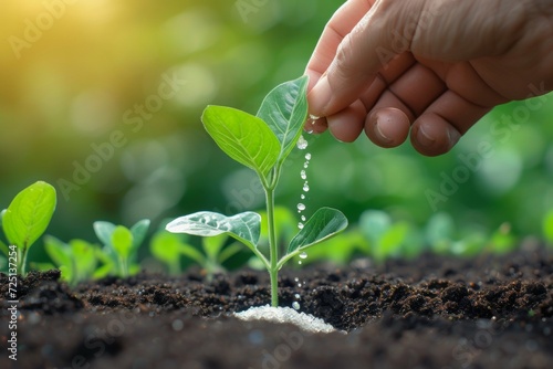 Fingers with fertilizer and seedling. Background with selective focus and copy space