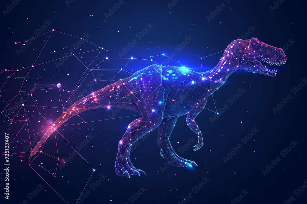 Dinosaur hologram made from digital dots. Background with selective focus and copy space Dinosaur hologram made from digital dots. Background with selective focus and copy space
