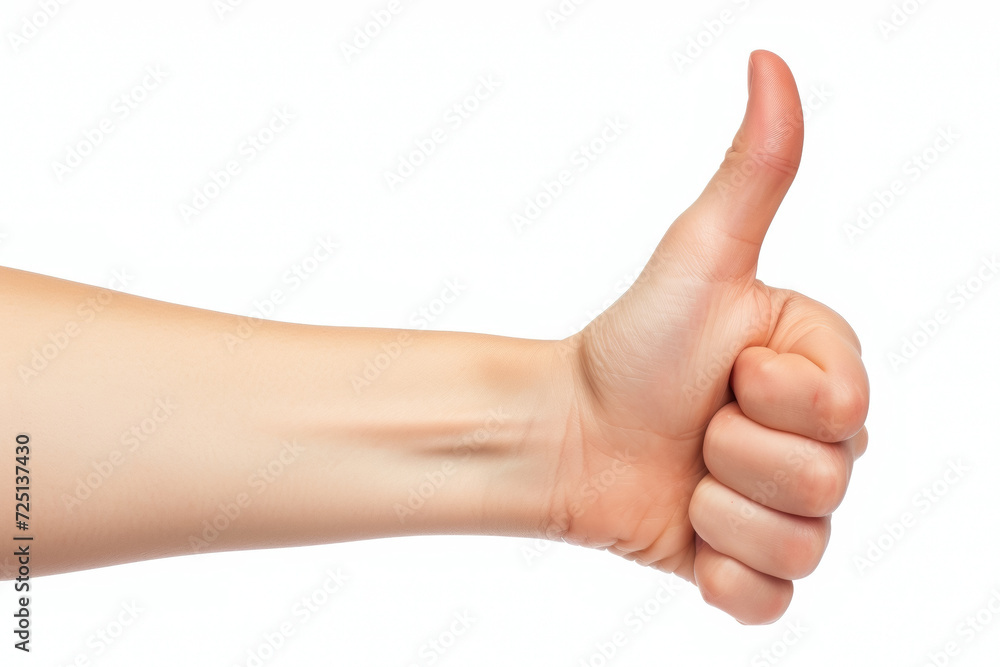Thumbs up gesture on white. Background with selective focus and copy space Thumbs up gesture on white. Background with selective focus and copy space