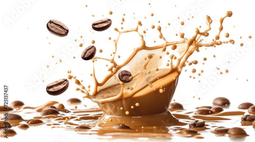 Wplashes of coffee, milk and ice cubes on color background
