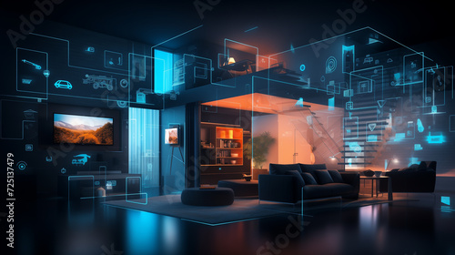 Connected home: dark-themed sleeping space with digital icons for seamless comfort