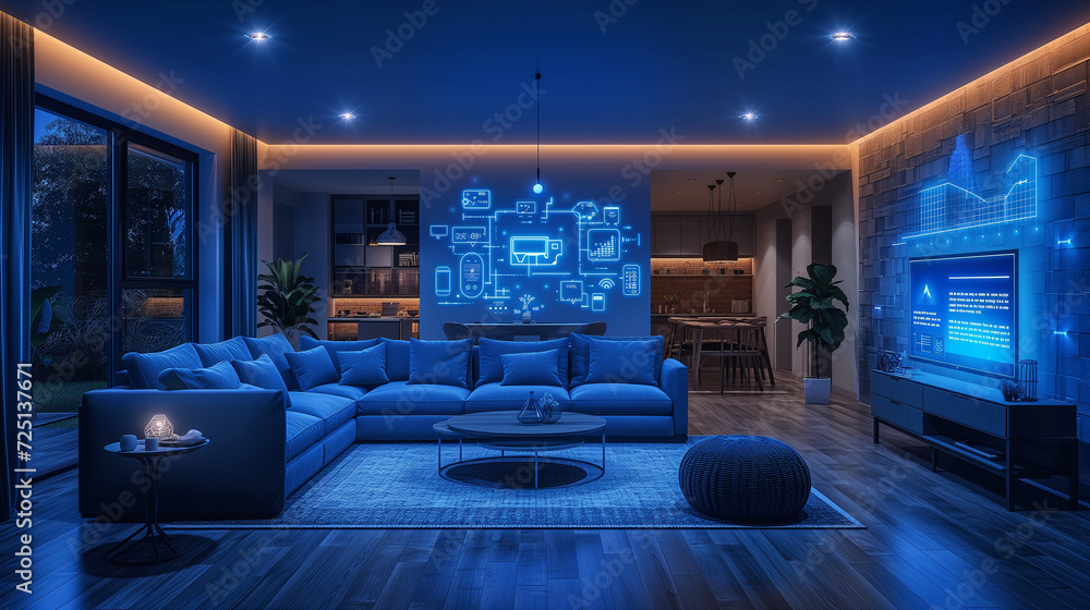 Digital Ambiance: dining room with smart home icons for lighting and atmosphere