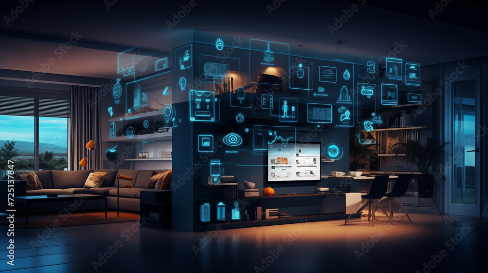 Live Smart: modern living room featuring digital home automation icons Live Smart: modern living room featuring digital home automation icons