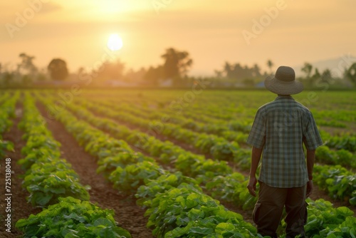 A male farmer inspects the field. Background with selective focus and copy space