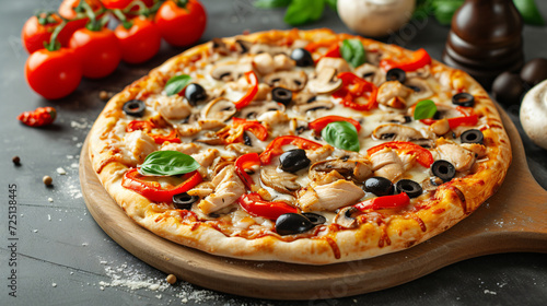 Mixed pizza with chicken, tomato, bell pepper, olives, mushrooms.