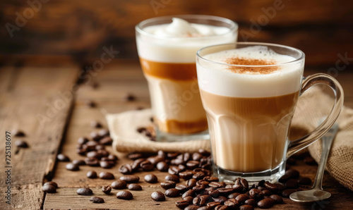 glasses of latte macchiato coffee on a wooden background photo