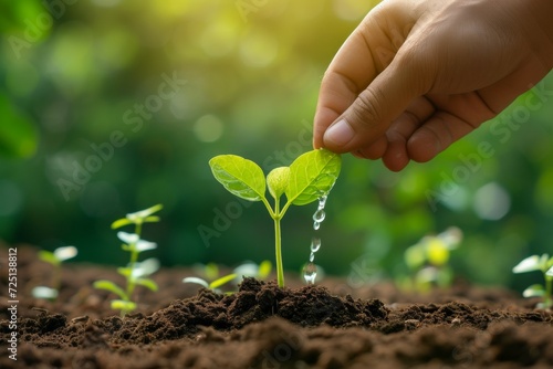 A hand irrigates a seedling with water. Backdrop with selective focus and copy space