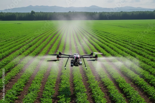 A modern drone irrigates a field on a farm with fertilizer. Backdrop with selective focus and copy space