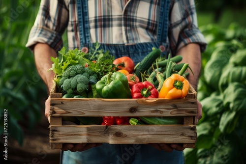 A box with a harvest in the hands of a farmer. Backdrop with selective focus and copy space © Space Priest