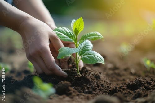Close-up hands planting a seedling in the soil. Backdrop with selective focus and copy space