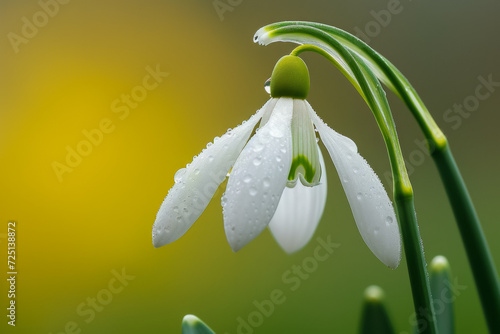 First spring flowers, snowdrop close-up. Backdrop with selective focus and copy space