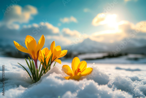 First spring bright flowers. Backdrop with selective focus and copy space
