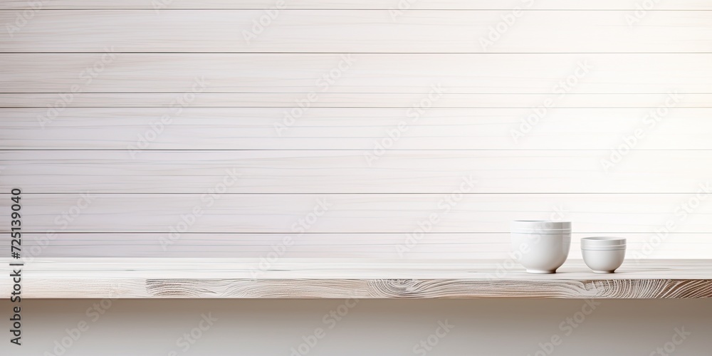 White wooden table top background with blur room and white wood shelf as product display for retail shop banner.