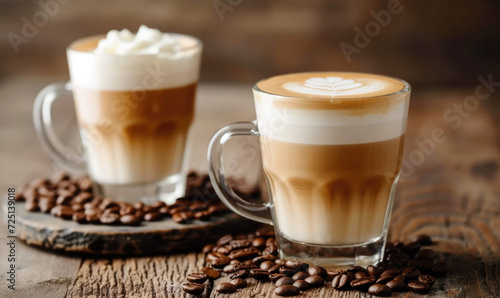 glasses of latte macchiato coffee on a wooden background