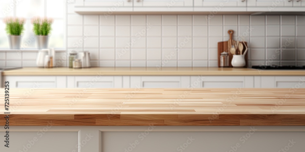 Blurred white kitchen with wooden oak countertop, ready for product or layout display. Blurred white kitchen with wooden oak countertop, ready for product or layout display.