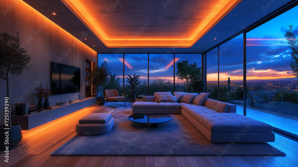 Fototapeta premium City Night Oasis: chic interior with neon decor and breathtaking urban skyline outside