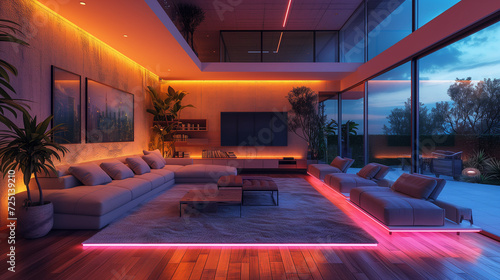 Cityscape Tranquility  room with neon elements and a glass wall  leading to private outdoor space