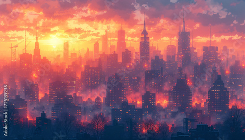 City illustration depicting climate change, smog and global warming.