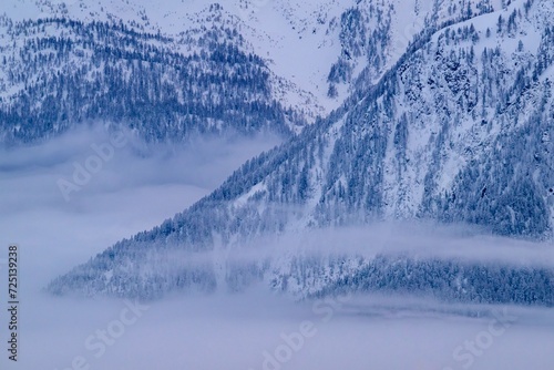 Snow-covered mountains with wafts of mist between the treetops, Belalp, Naters, Brig, Canton Valais, Switzerland, Europe photo
