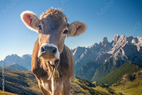 Cattle looking into camera, frontal, portrait, mountains behind, summer, Sesto Dolomites, South Tyrol, Italy, Europe photo