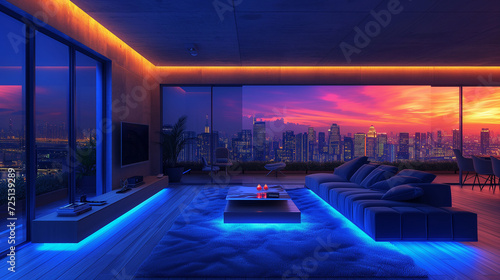 Contemporary Living: room adorned with neon details, glass walls, and stunning night city view © Emiliia