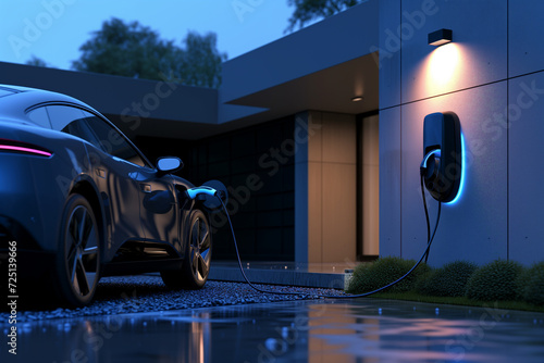 Generic electric vehicle EV hybrid car is being charged from a wallbox  photo