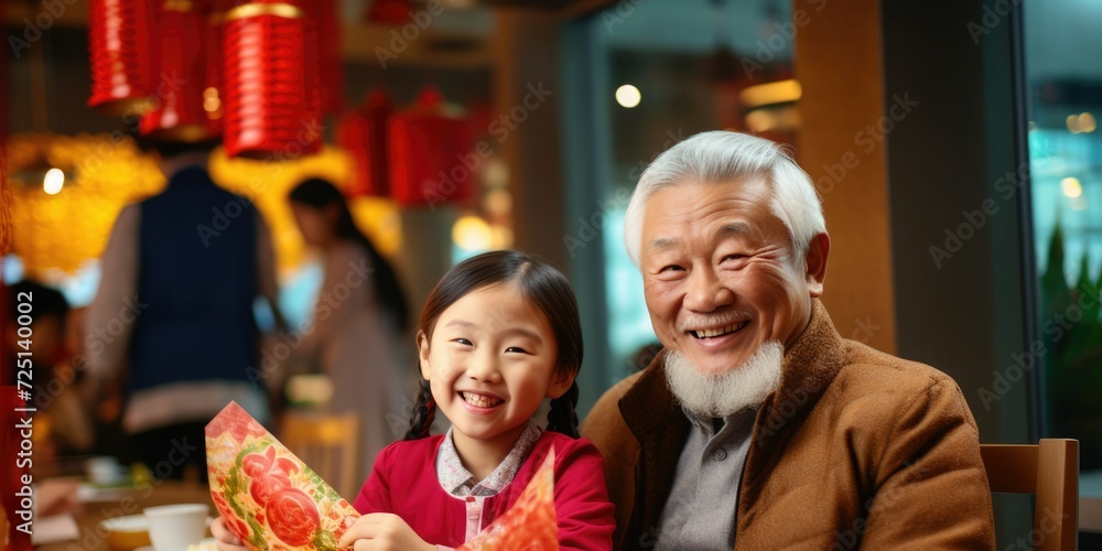 An old Chinese man gives a red envelope to a child. Traditions of China. Asia. Chinese Lunar New Year. Family. Traditional Chinese dumplings