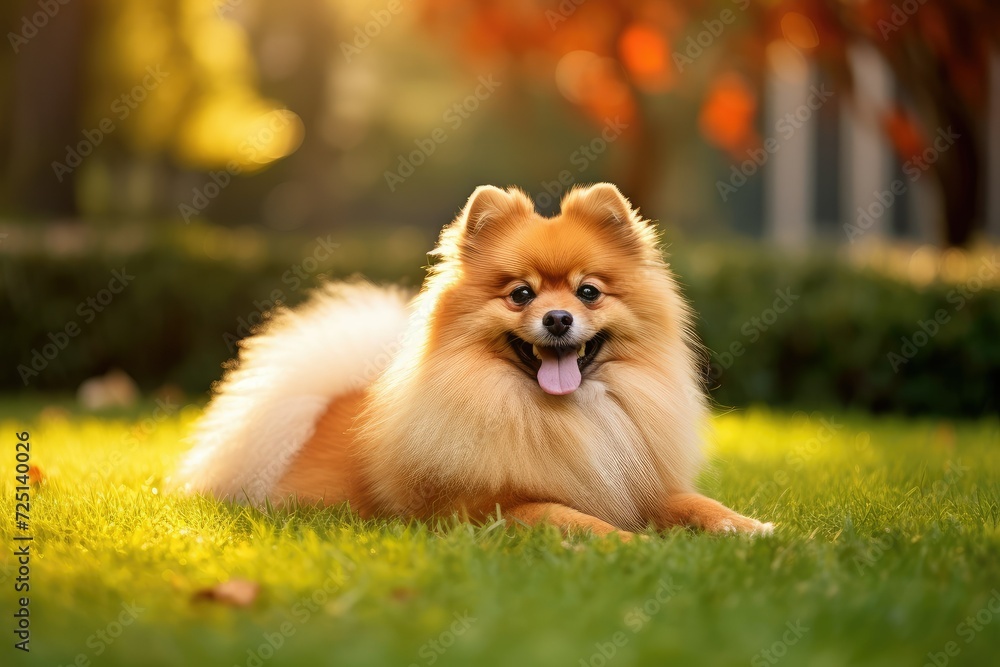 Adorable little Pomeranian. Beautiful Pomeranian Spitz dog lying on green grass in park. cute puppy. Adorable little Pomeranian. Beautiful Pomeranian Spitz dog lying on green grass in park. cute puppy.