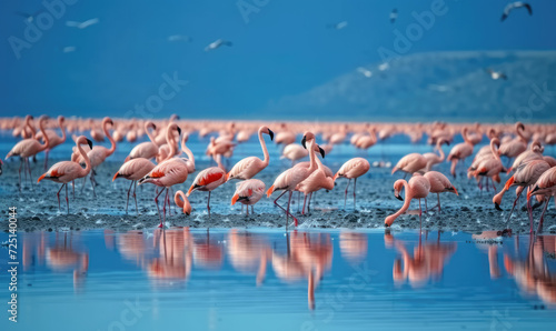 A flamboyance of greater flamingos wading in the water in Lake Manyara, Tanzania