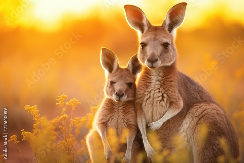 Mother and adorable Baby Kangaroo. Kangaroos mother and joey on sunset background in Australia. beautiful wild animal. wildlife. innocence. loving mammals. photo