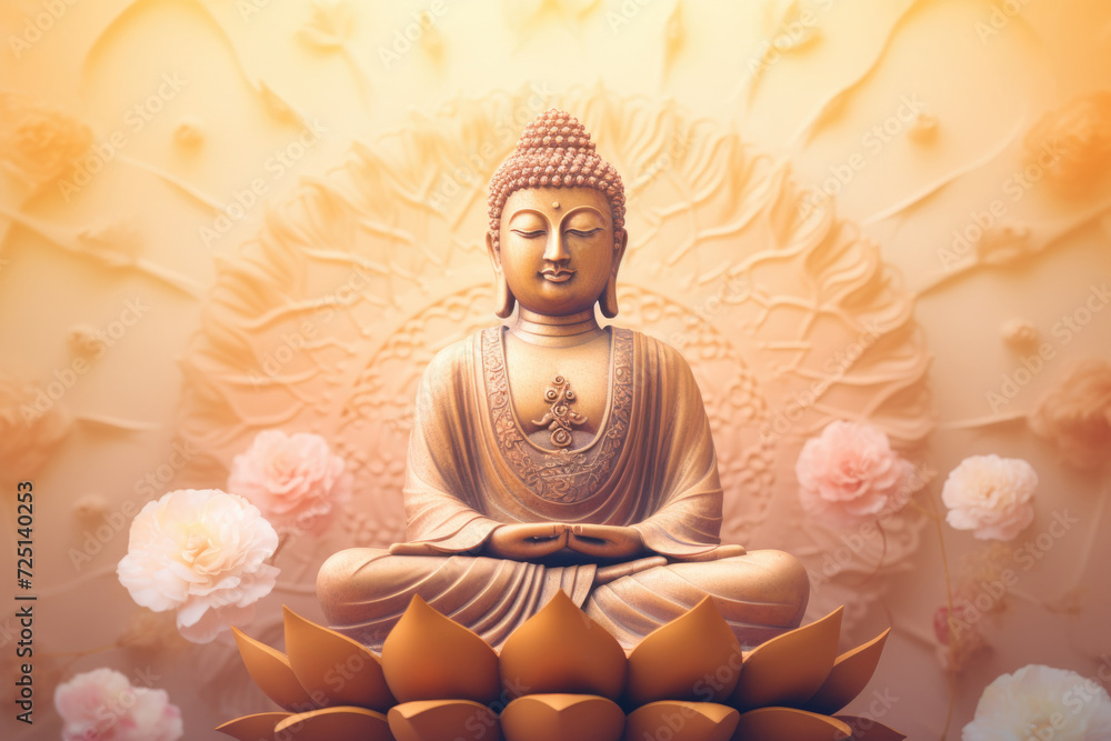 Golden budha statue on soft pastel background.Golden budha statue on soft pastel background.