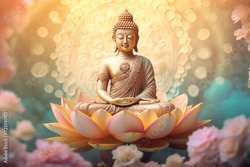 Golden budha statue on soft pastel background.Golden budha statue on soft pastel background.