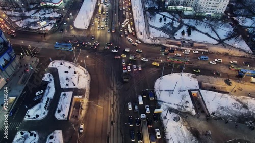 Crossroad with traffic jam on Preobrazhenskaya square at winter photo