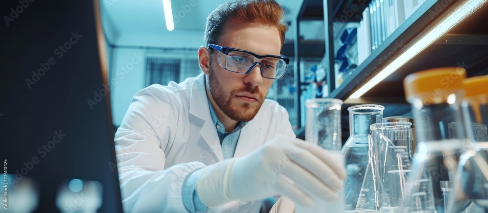 Satisfied male researcher successfully conducts experiment in lab using glassware and keyboard. Satisfied male researcher successfully conducts experiment in lab using glassware and keyboard.
