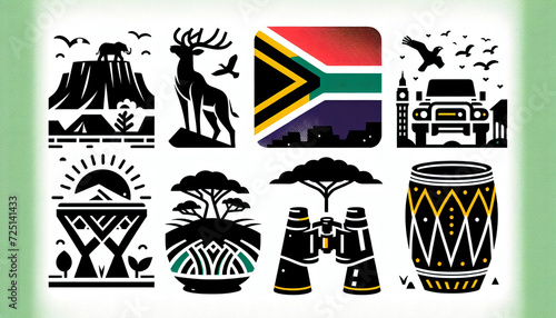 Illustrated set of travel-themed icons, each associated with the country of South Africa, displayed on a pristine white background