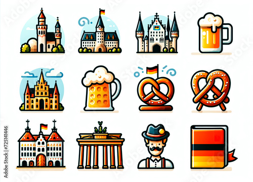 Illustrated set of travel-themed icons  each associated with the country of Germany  displayed on a pristine white background
