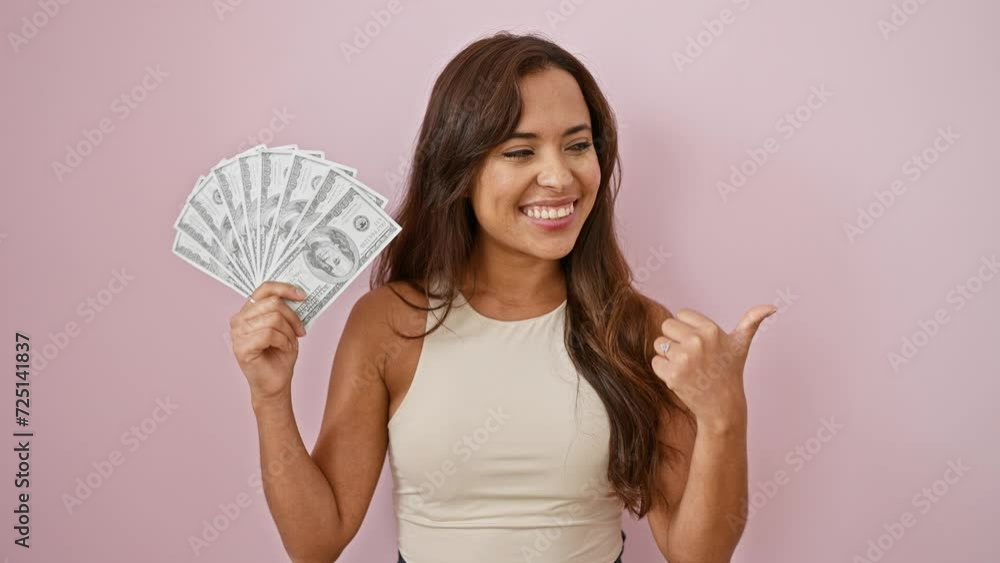 Joyous young hispanic woman pointing to her stack of dollar banknotes, thumbs up, with open mouth smile over pink isolated background Joyous young hispanic woman pointing to her stack of dollar banknotes, thumbs up, with open mouth smile over pink isolated background
