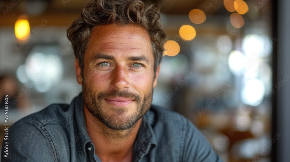 Confident Man with Blue Eyes in Casual Denim Shirt Confident Man with Blue Eyes in Casual Denim Shirt