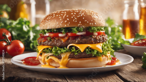 Hamburger  with several layers of cheese  minced steaks  tomatoes  salads. capture spectacular ketchup splashes. creative dynamic composition varies angle. macro food photography 